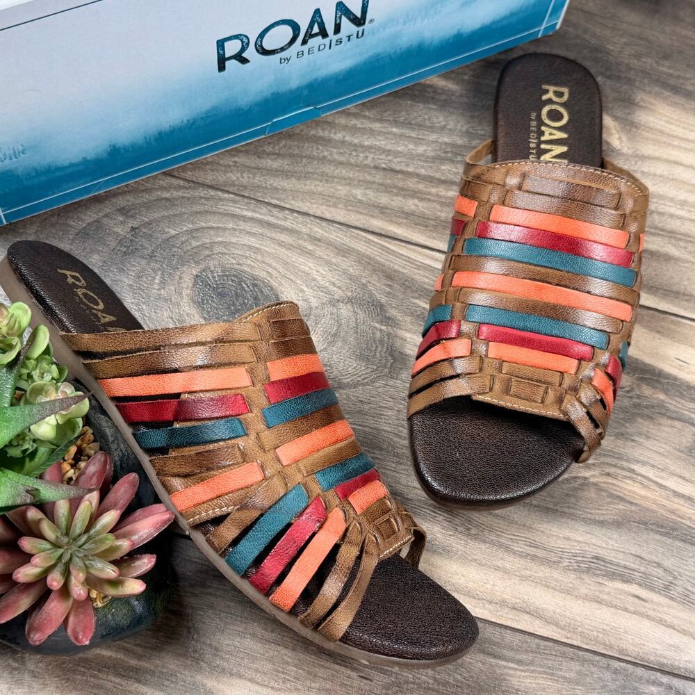 NIB Roan by Bed Stu 7 Marilee Slide Huarache Woven Leather Flat Sandal Tan Multi